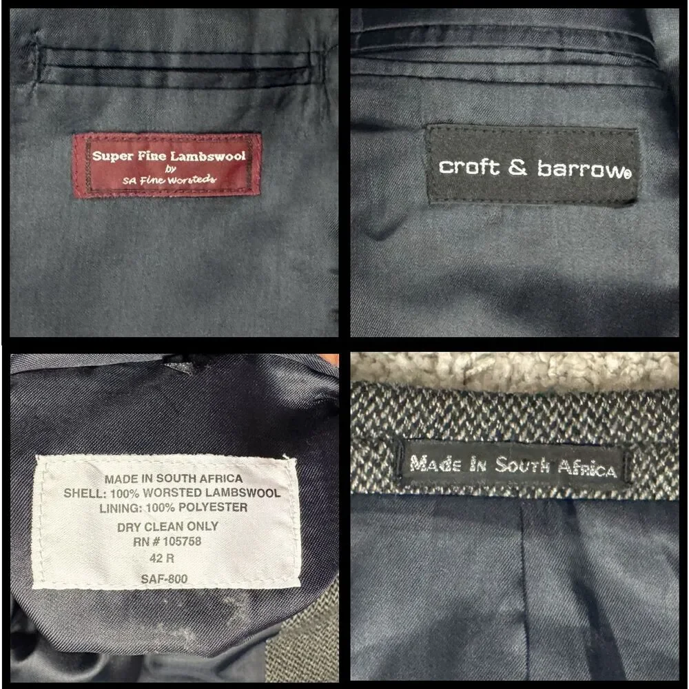 Croft & Barrow Blazer Jacket Worsted Lambswool Herringbone‎ 42R Gray Brown Retro